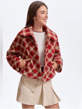 Wild Fable Red and Cream Plaid Teddy Jacket, NWT, Size S
